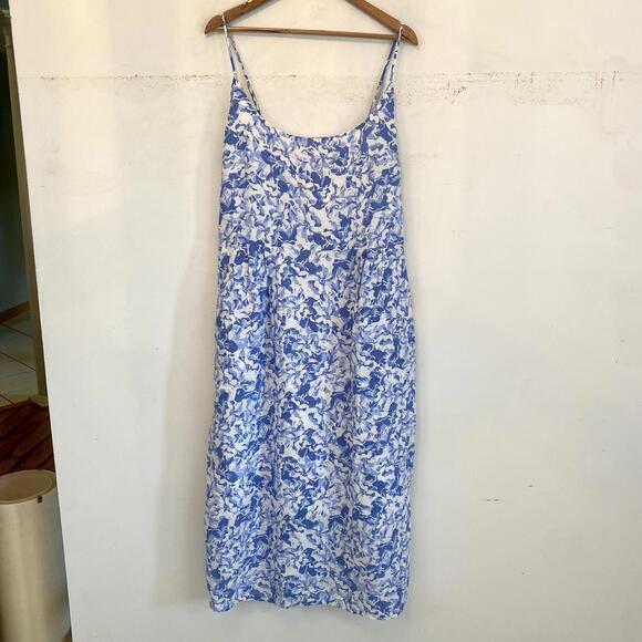 QUINCE blue and white linen floral midi dress sz xl - Picture 3 of 8